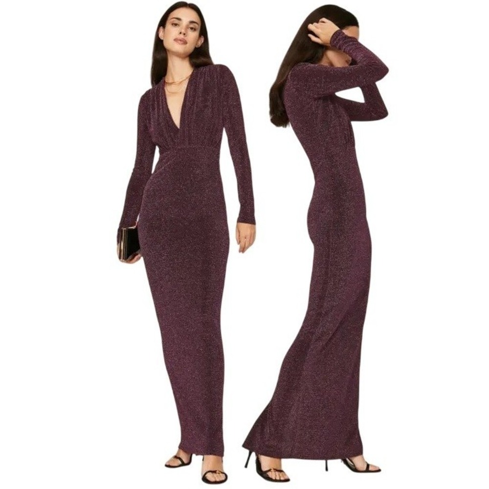 Line & Dot Opal Gown V-Neck Long Sleeve‎ Metallic Shimmer Purple Size L